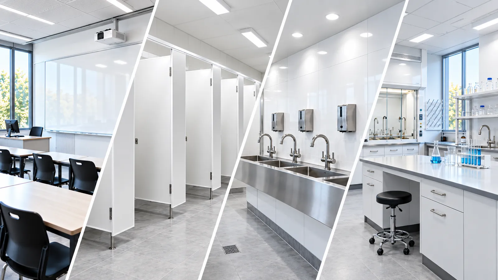 Four Vitrex environments side by side: a classroom writing wall, a washroom cubicle run, a wash-area backsplash and a laboratory bench.