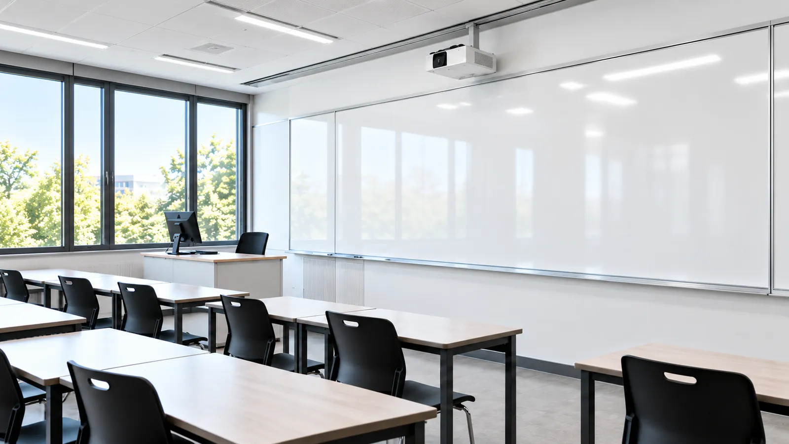 Classroom fitted with a full-width writing wall and rows of desks.