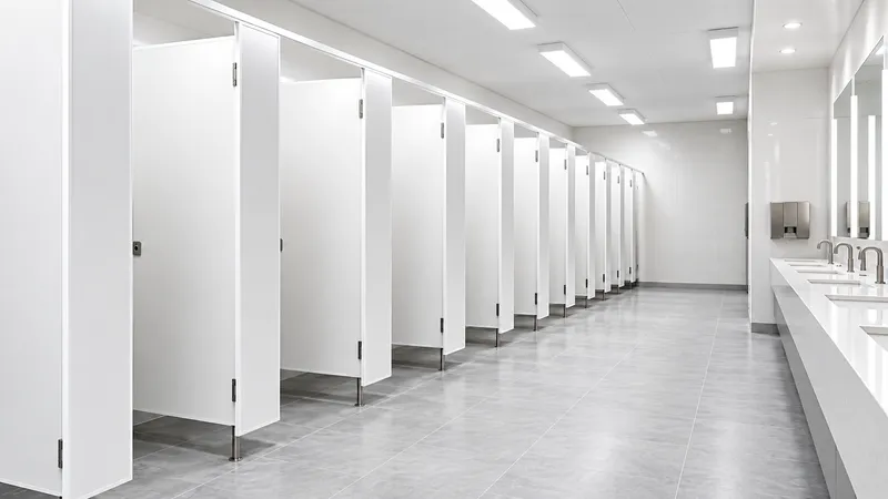 Long run of cubicles in a public washroom.