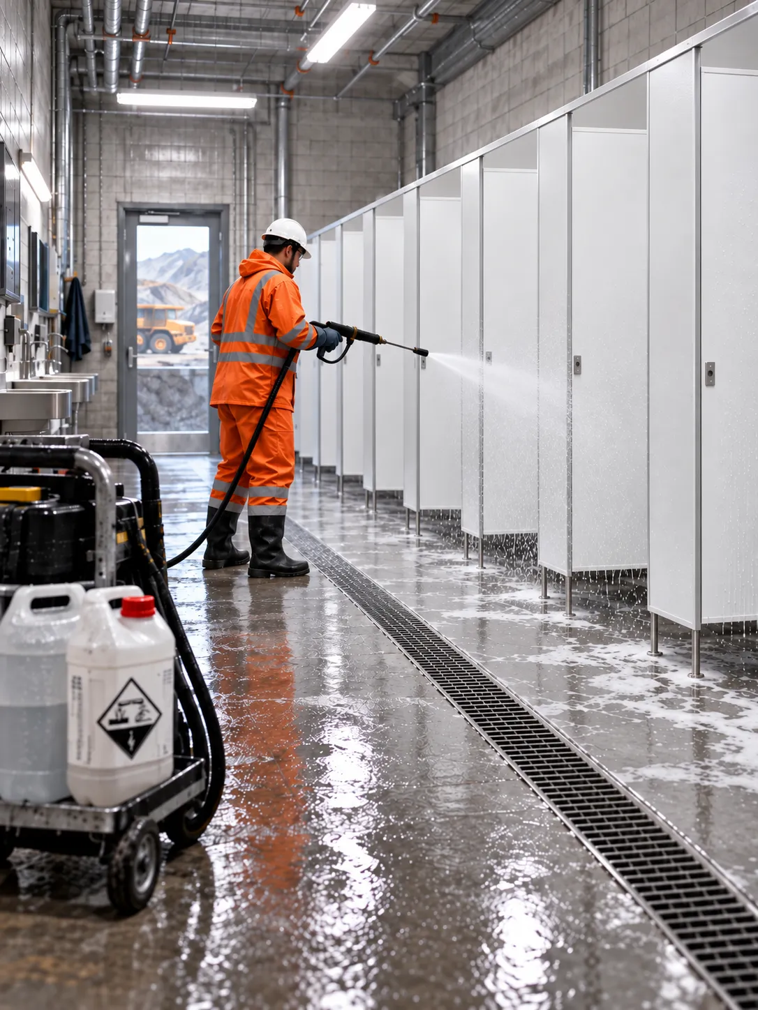 Industrial washroom being pressure-washed, with a run of cubicles on stainless legs and open tops above the doors.