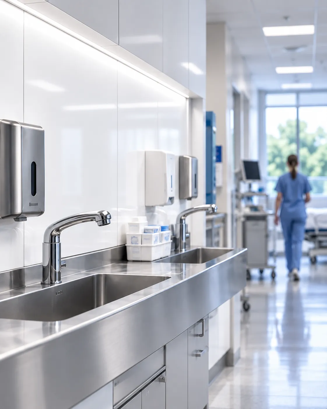 Clinical scrub area with stainless basins against a continuous wipe-clean wall surface.