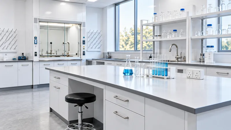 Laboratory bench run with chemical-resistant surfaces.