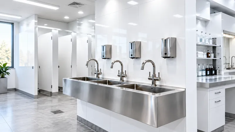 Stainless trough basins against a wall backsplash.
